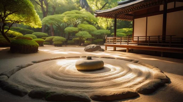 a japanese garden with rocks and a rock in the center.