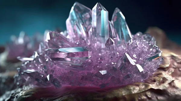 a cluster of pink crystals sitting on top of a rock.