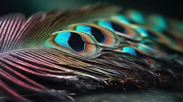 a close up of a peacock\'s feathers on a table.