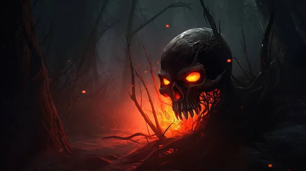 a creepy skull with glowing eyes in a dark forest with fire.