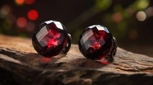a pair of red earrings sitting on top of a rock.