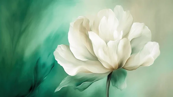 a painting of a white flower on a green and white background.