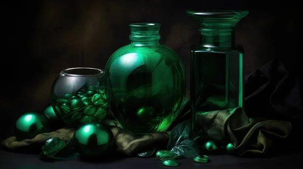 a green glass vase sitting next to a green glass vase.