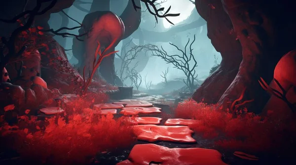 a fantasy scene with a path through a forest with red rocks.