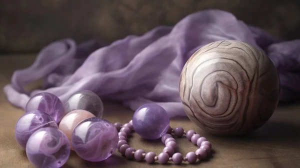 a purple bead necklace and a wooden ball on a table.