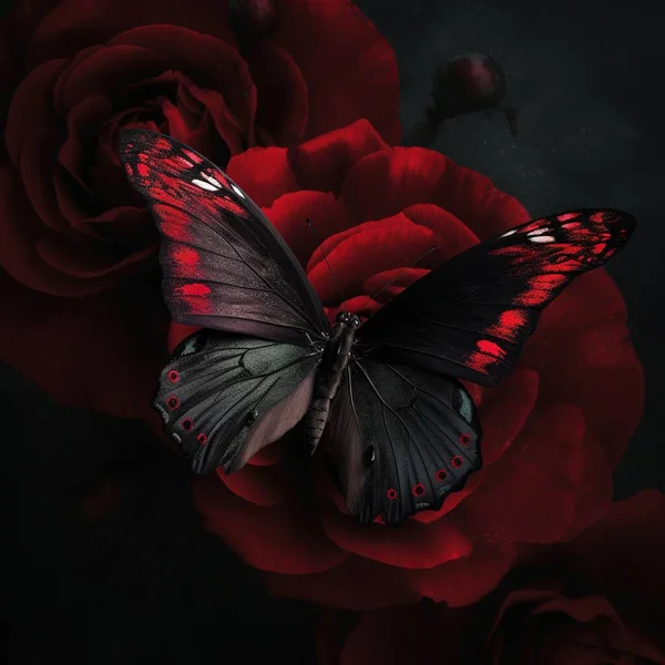 a black and red butterfly sitting on a red flower with a black background.