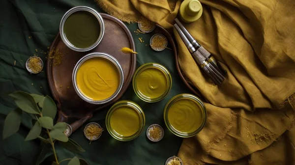 a table topped with four jars of yellow paint next to a spoon.