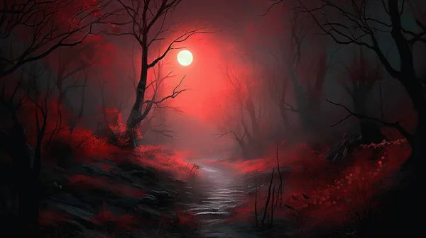 a painting of a dark forest at night with a red light.
