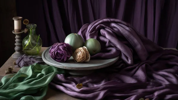 a plate with purple and green vegetables on a purple cloth.