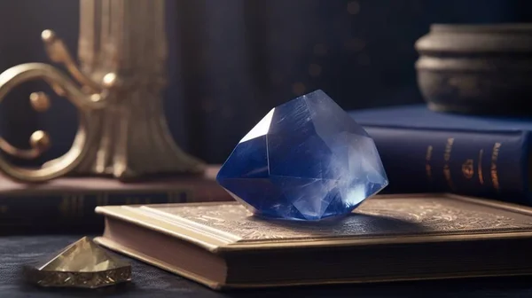 a blue crystal sitting on top of a book next to a golden object.