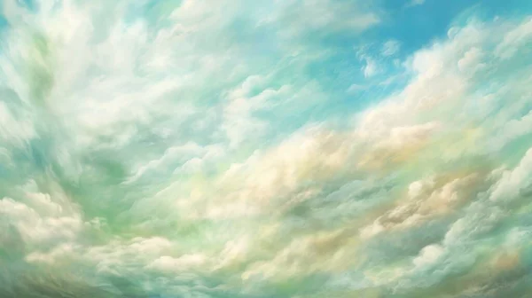 a painting of a sky with clouds and a plane in the distance.