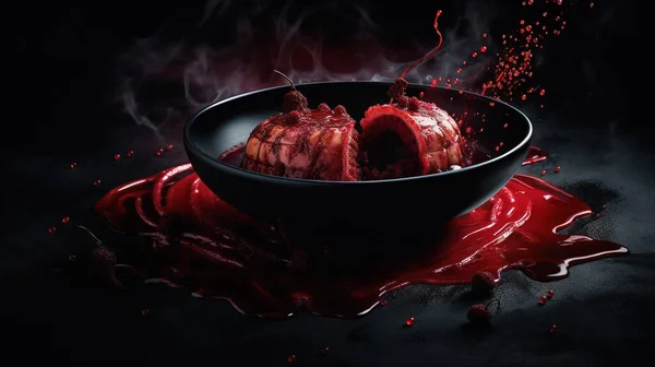 a black bowl filled with red food on top of a table.