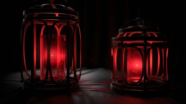 a red lantern sitting on top of a table next to a red light.