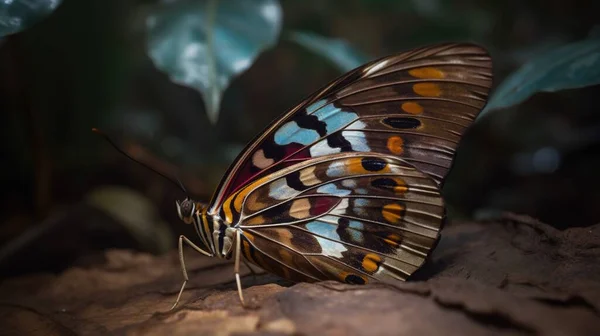a butterfly with multicolored wings sitting on a rock.