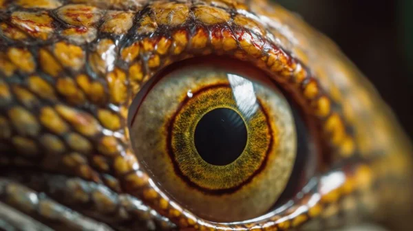 a close up of a lizard\'s eye with a yellow iris.