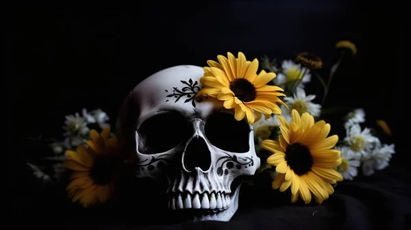 a skull with sunflowers on a black background with a black background.