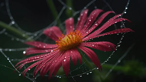 a red flower with dew drops on it's petals.