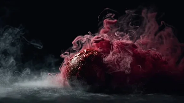 a red heart is surrounded by smoke on a black background.