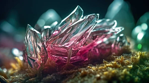 a close up of a pink crystal object on a mossy surface.