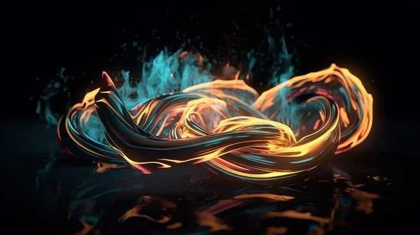 a colorful fire and water swirl on a black background with a reflection.