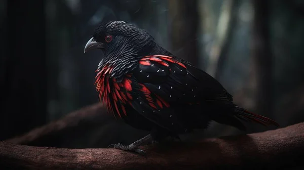 a black bird with red and black feathers sitting on a branch.