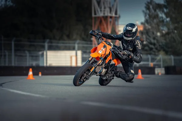 Person Riding Motorcycle Road Orange Cones Generative — Stock Photo, Image