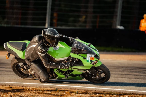 Чоловік Їде Зеленим Мотоциклом Пишній Дорозі Генеративне Ефірне — стокове фото