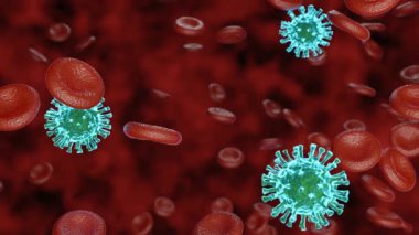 Kırmızı kan hücreli Coronavirus makro görüşlü, 3 boyutlu animasyon. SARS COVID-19 konsepti, Ani Akut Solunum Sendromu, 4k ProRes.
