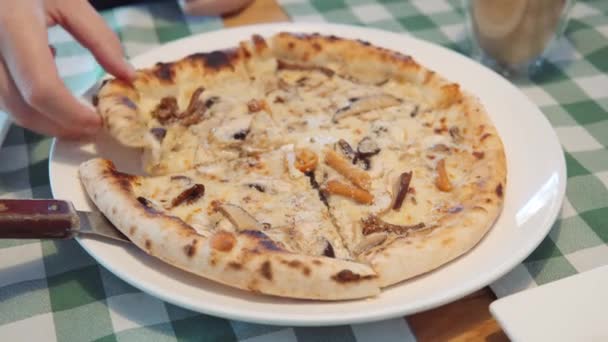 Close Male Hands Man Taking Slices Piece Mushroom Italian Pizza — Wideo stockowe