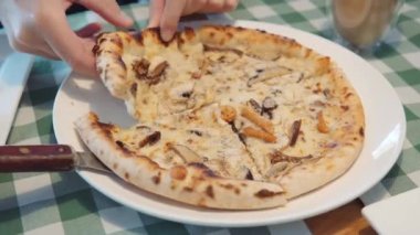 Delicious fragrant hot Italian pizza with various mushrooms and mozzarella cheese and cream sauce, cooked in a traditional stone oven. Autumn menu in the pizzeria. Pizza for two persons on the date.