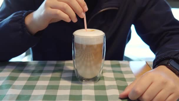 Young Man Drinks Pumpkin Cappuccino Coffee Shop Coffee Made Barista — Stockvideo