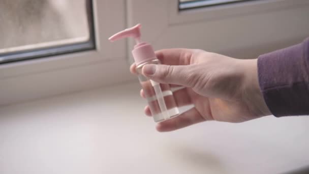 Mens Hand Shows Pocket Dispenser Antibacterial Alcoholic Gel Sanitizer High — Stockvideo