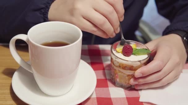 Man Eats Dessert Glass Trifle Drinks Tea Food First Date — Stok video