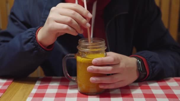 Visitor Restaurant Drinks Vitamin Sea Buckthorn Drink Cocktail Young Man — Vídeo de Stock