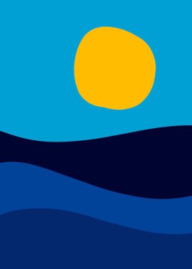 Mountain, sea view. Hills, sun, moon. Paper cut style. Flat abstract design blue and yellow. Scandinavian illustration. Hand drawn trendy background. High quality illustration.