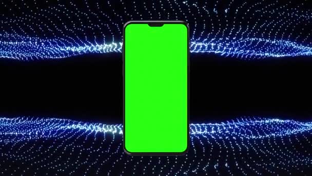 用于图像和复制文本的移动屏幕框架 绿色屏幕智能手机模仿动态粒子的背景 声波在黑暗中流动 霓虹灯波上发光 高质量的录像 — 图库视频影像
