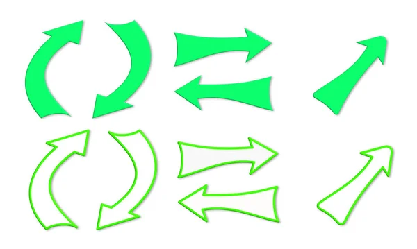 High resolution set of green curved arrows white background.