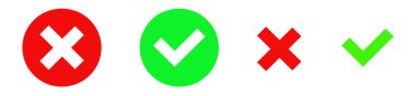High resolution green check mark, red cross mark , OK and X icon set for an application or website on white background.