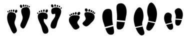 Various human footprints in black on white background.