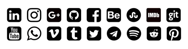 黑色图标集的社会应用孤立于白色背景 Facebook Linkedin Youtube Whatsapp Google Vimeo Tumblr Github Twitter — 图库照片