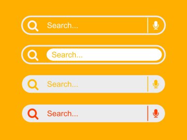 UI UX tasarımı ve turuncu arkaplanda izole edilmiş web sitesi şablonları için arama çubuğu koleksiyonu.