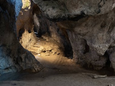 Romanya 'nın Hunedoara ilinin Petrosani kenti yakınlarındaki Bolii mağarası (Pestera Bolii). Mağara yapay olarak aydınlatılmış ve ziyaretçilere açık..