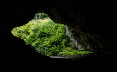 Romanya 'nın Hunedoara kenti Petrosani kenti yakınlarındaki Bolii mağarasına (Pestera Bolii) giriş. Mağara yapay olarak aydınlatılmış ve ziyaretçilere açık..