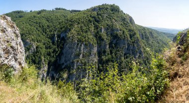 Baia de Fier, Gorj, Romanya 8 Ağustos 2023: Outlaw Surah, Baia de Fier, Gorj, Romanya 'dan Oltet boğazının panoramik manzarası