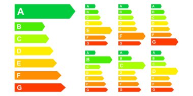 Beyaz arkaplanda izole edilmiş farklı Avrupa Birliği enerji etiketlerinin vektör illüstrasyonu.