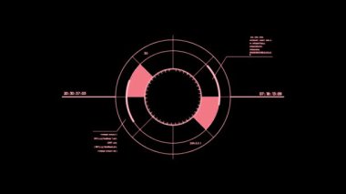 Fütüristik animasyon arka planda dijital veri kodu ve HUD elemanları ile örtüşür. 4K bilgisayar animasyonu.