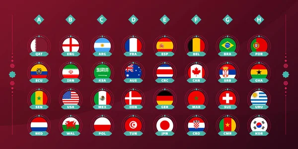 2022 Copa Futebol Conjunto Bandeira Nacional Bandeiras Todos Países Participantes — Vetor de Stock