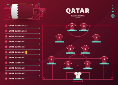 Katar sıralaması dünya futbolu 22 turnuva son aşama vektör illüstrasyonu. Şehir takımının sıralama masası ve futbol sahasında takım oluşumu. futbol turnuvası vektör ülke bayrakları.