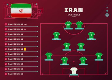 İran dünya futbolu 2022 turnuvası son aşama vektör illüstrasyonu. Şehir takımının sıralama masası ve futbol sahasında takım oluşumu. futbol turnuvası vektör ülke bayrakları.