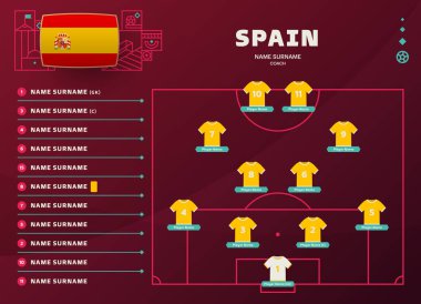 İspanya dünya futbolu 2022 turnuvası son aşama vektör illüstrasyonu. Şehir takımının sıralama masası ve futbol sahasında takım oluşumu. futbol turnuvası vektör ülke bayrakları.